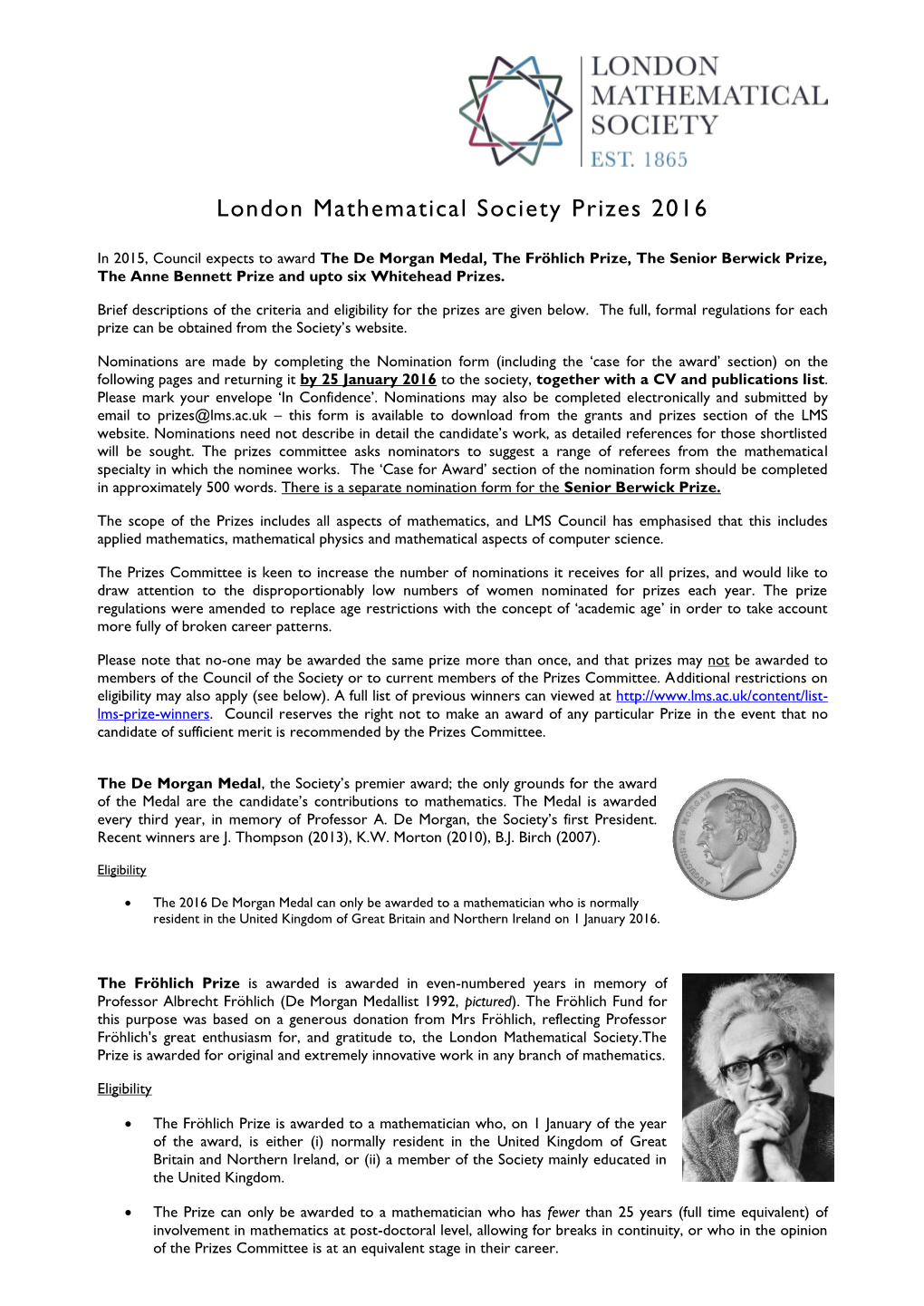 London Mathematical Society Prizes 2016