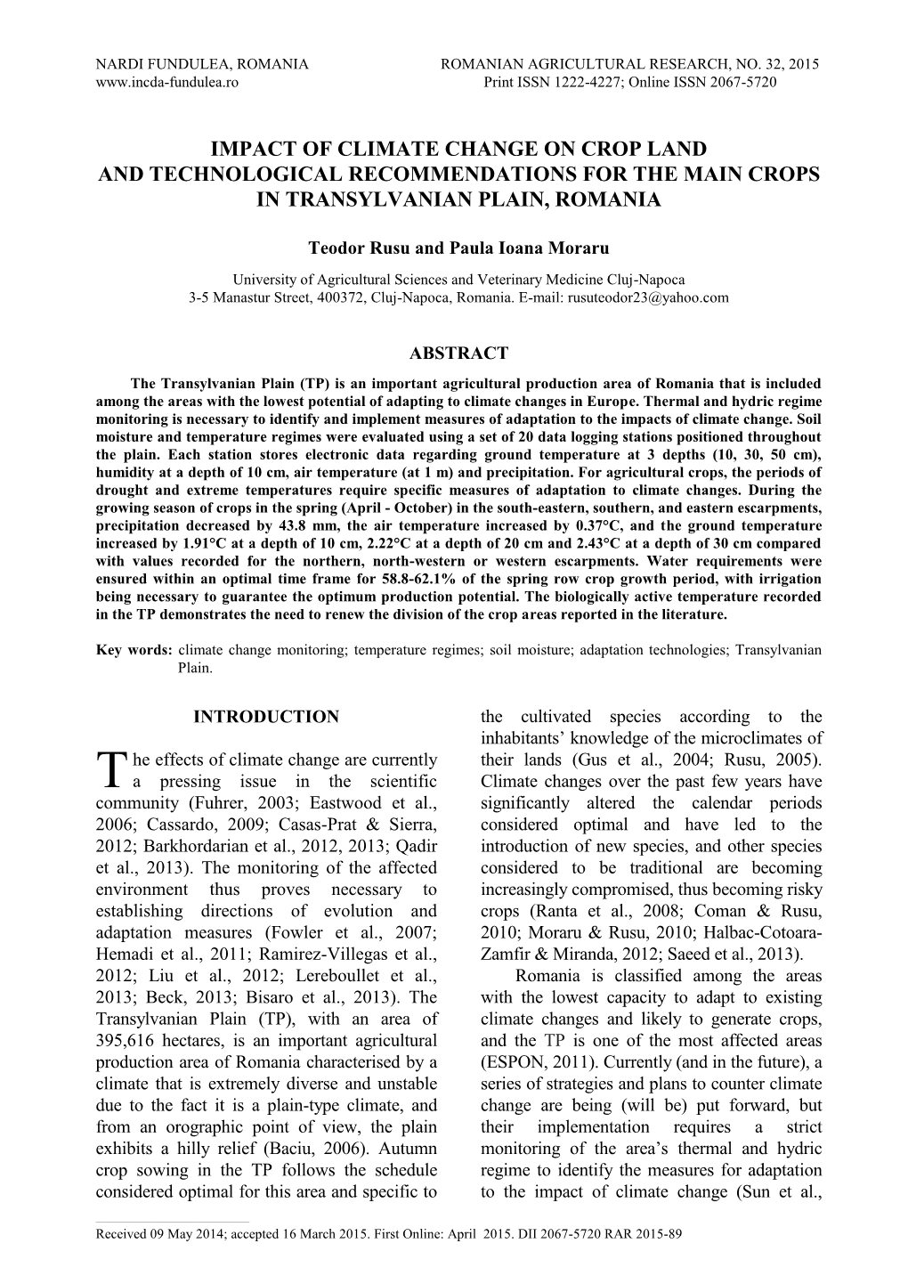 Impact of Climate Change on Crop Land and Technological Recommendations for the Main Crops in Transylvanian Plain, Romania