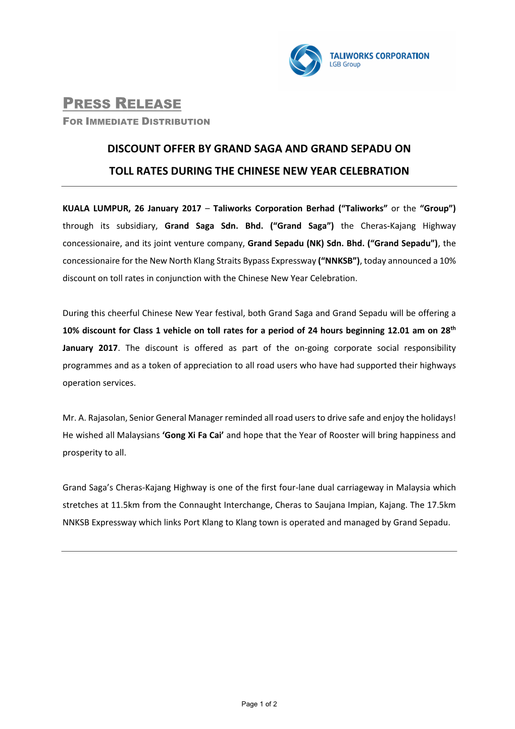 Press Release Discount Offer by Grand Saga and Grand