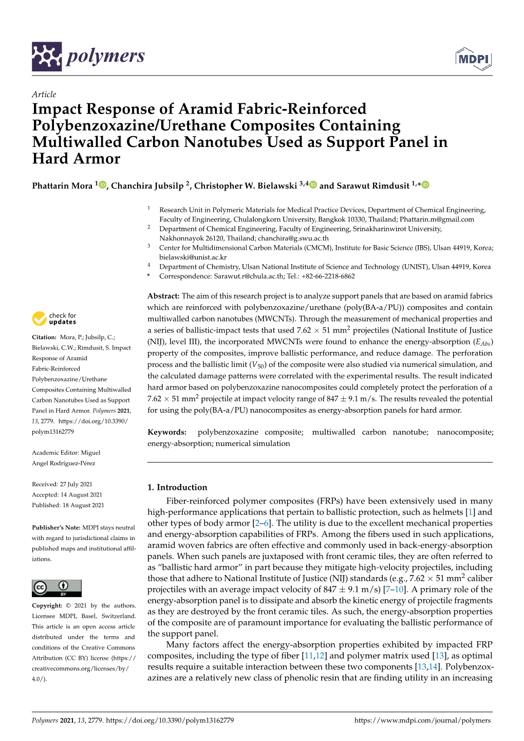 Impact Response of Aramid Fabric-Reinforced Polybenzoxazine/Urethane Composites Containing Multiwalled Carbon Nanotubes Used As Support Panel in Hard Armor