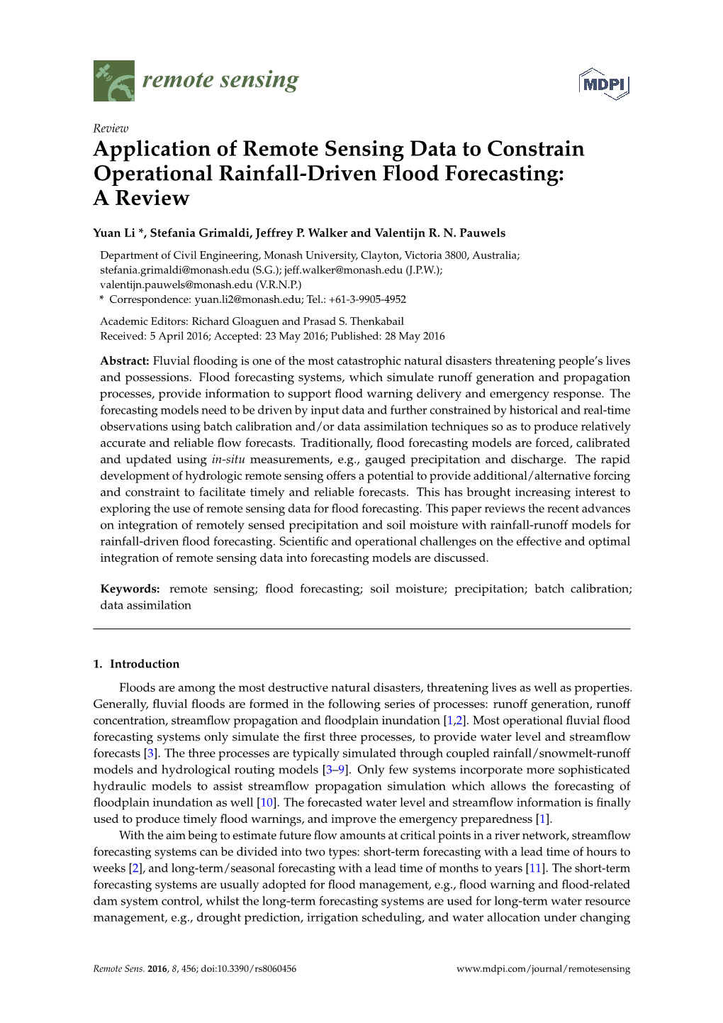 Application of Remote Sensing Data to Constrain Operational Rainfall-Driven Flood Forecasting: a Review