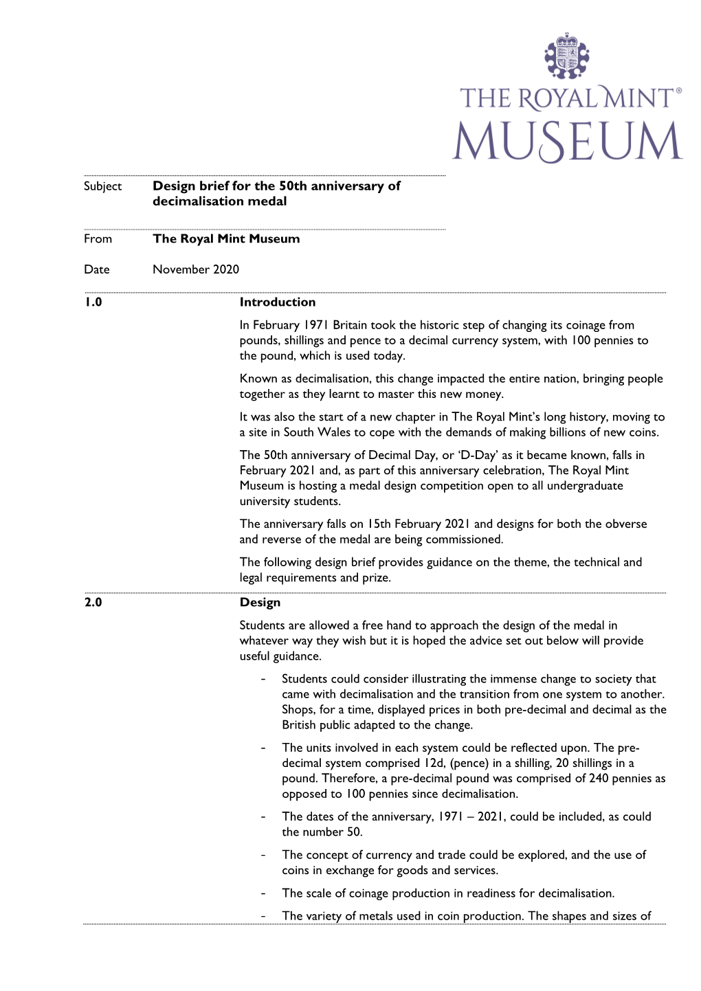 Design Brief for the 50Th Anniversary of Decimalisation Medal