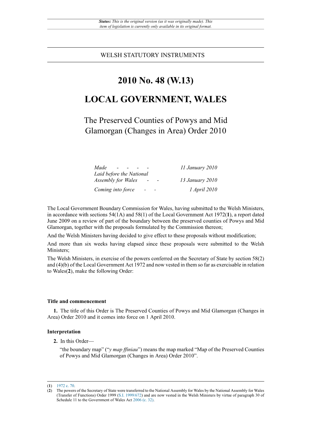 The Preserved Counties of Powys and Mid Glamorgan (Changes in Area) Order 2010