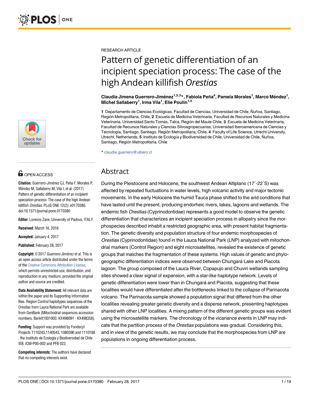 Pattern of Genetic Differentiation of an Incipient Speciation Process: the Case of the High Andean Killifish Orestias