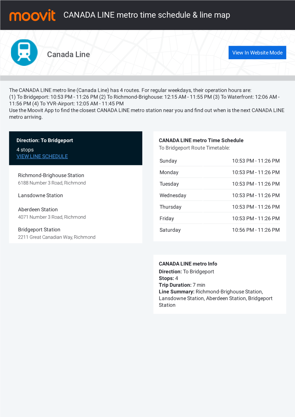 CANADA LINE Metro Time Schedule & Line Route