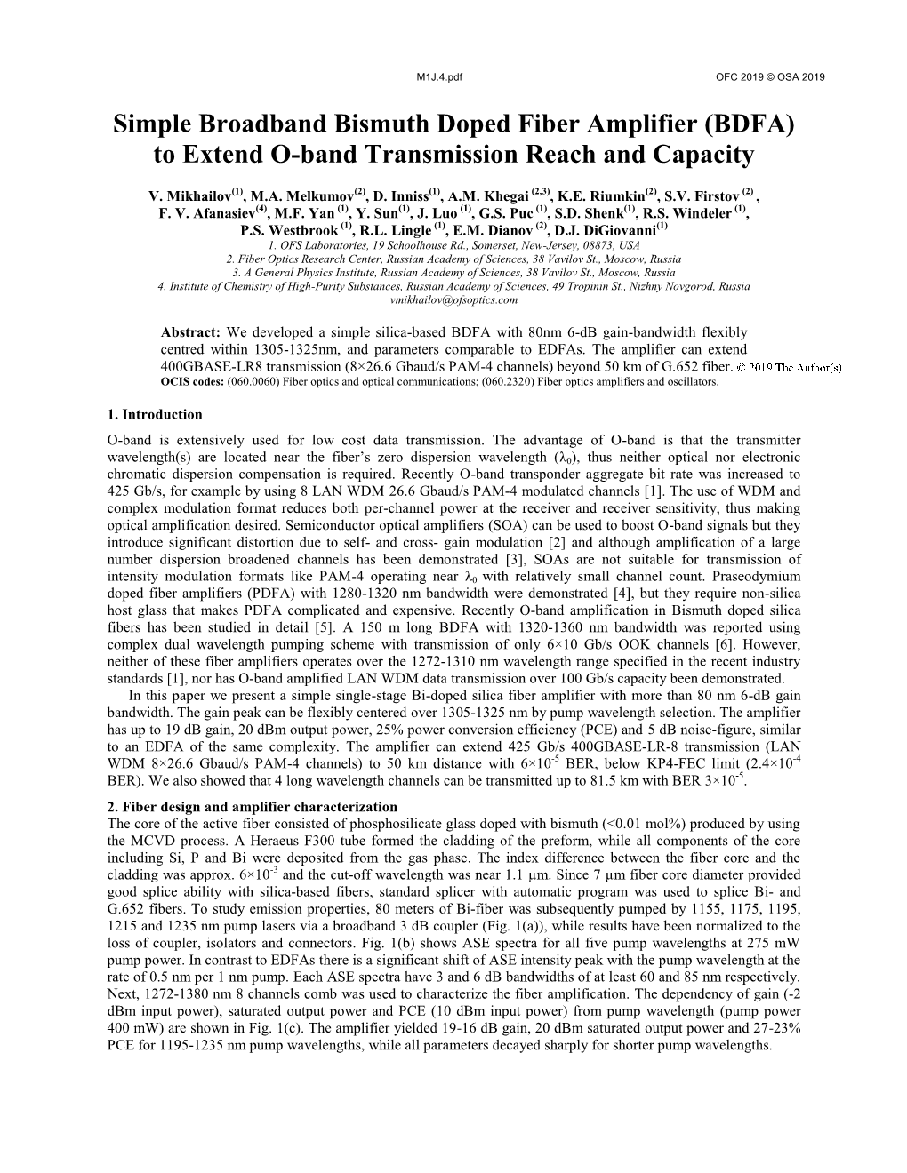 Simple Broadband Bismuth Doped Fiber Amplifier (BDFA) to Extend O-Band Transmission Reach and Capacity