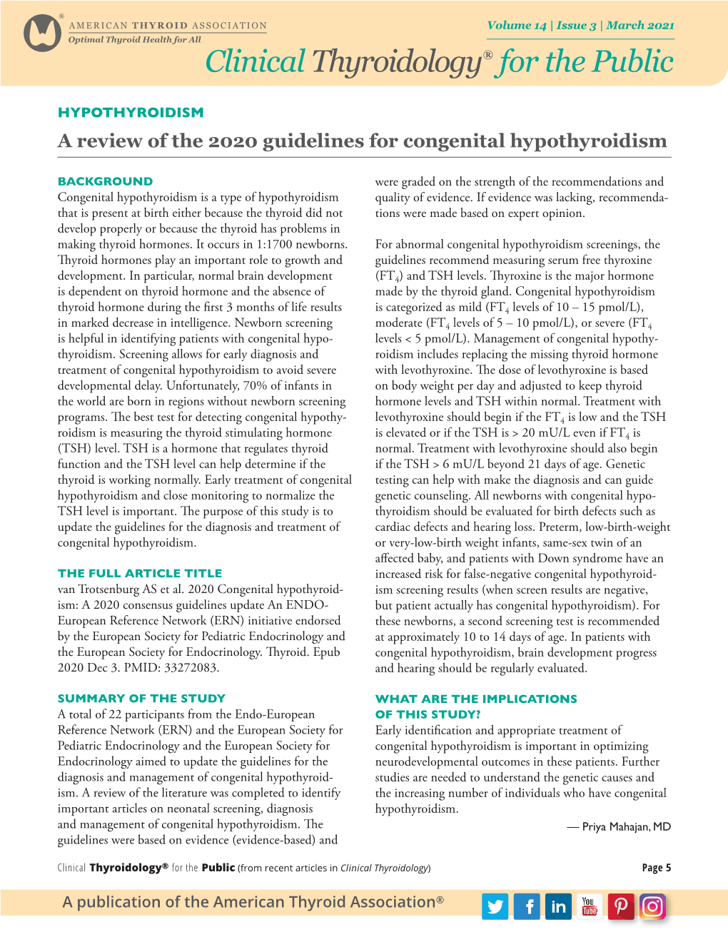 A Review of the 2020 Guidelines for Congenital Hypothyroidism