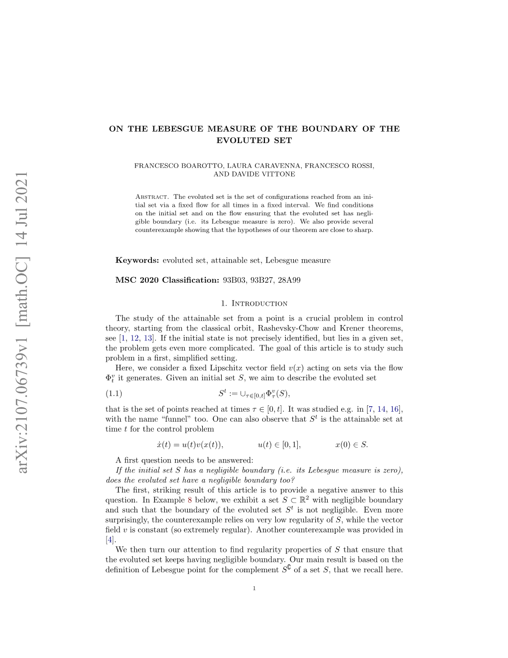 Arxiv:2107.06739V1 [Math.OC] 14 Jul 2021 If the Initial Set S Has a Negligible Boundary (I.E