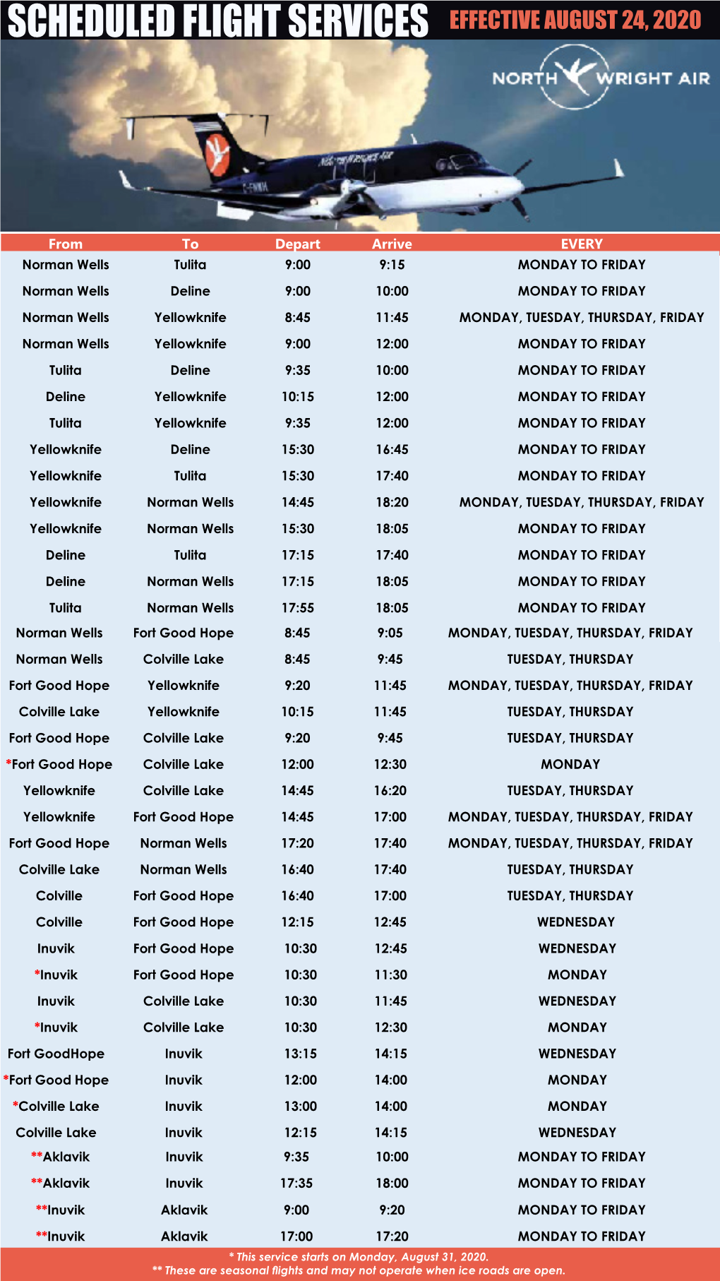 Scheduled Flight Services Effective August 24, 2020