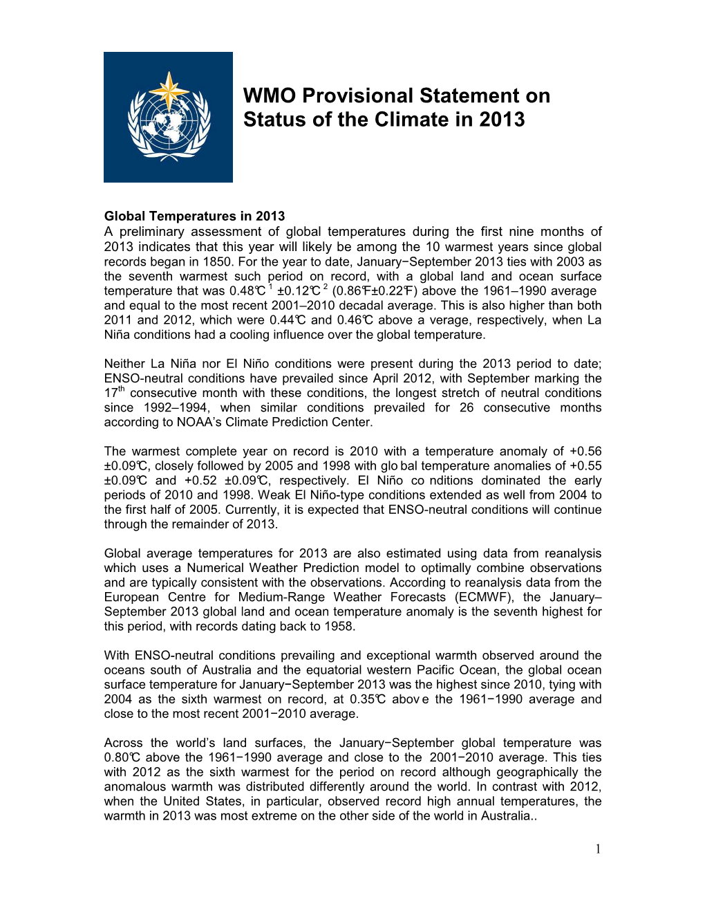 WMO Provisional Statement on Status of the Climate 2013