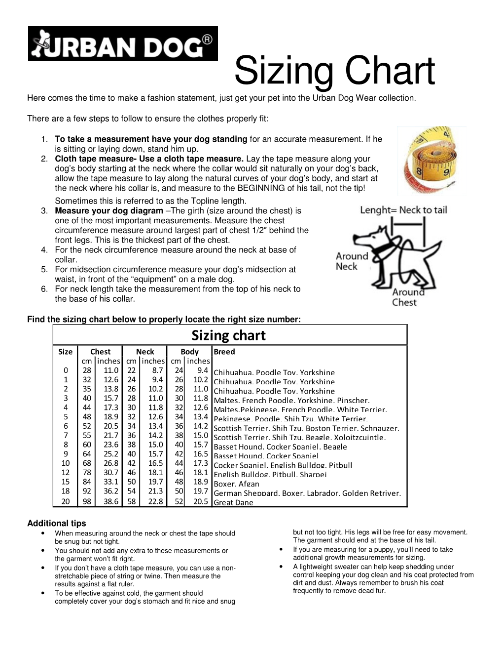 Sizing Chart Urban