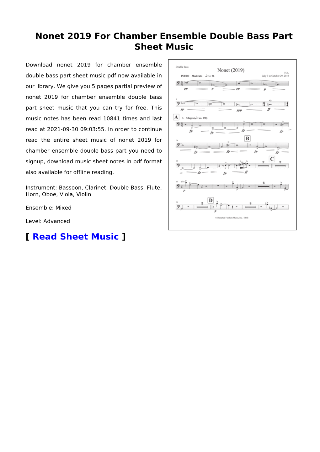 Nonet 2019 for Chamber Ensemble Double Bass Part Sheet Music