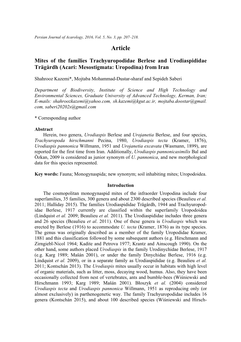 (Acari: Mesostigmata: Uropodina) from Iran