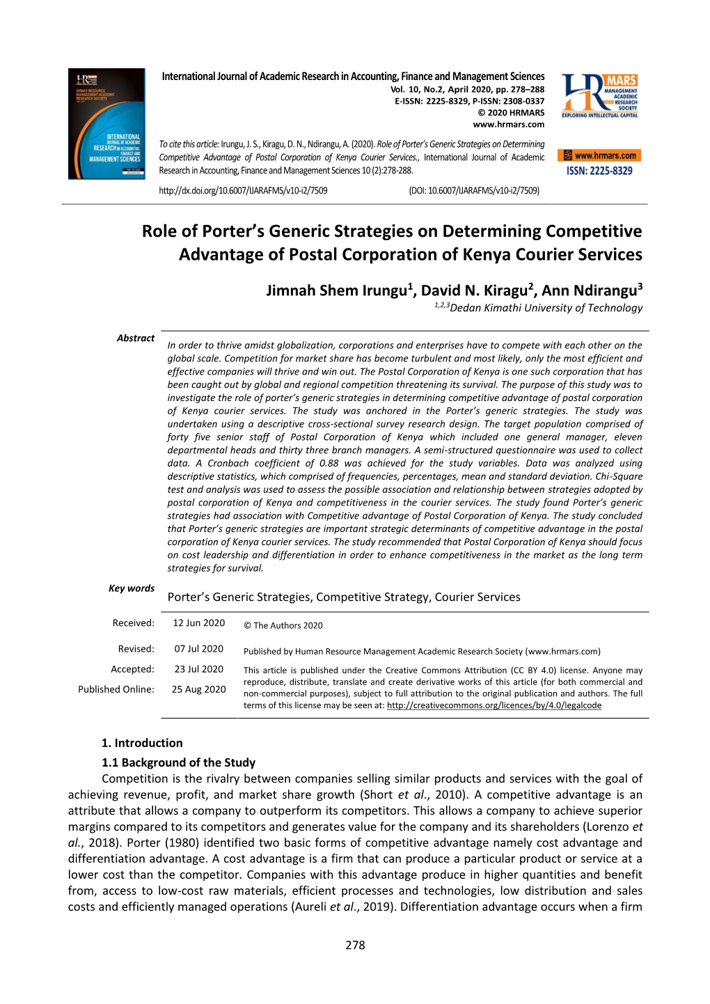 Role of Porter's Generic Strategies on Determining Competitive