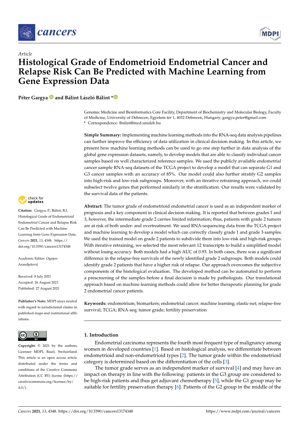 Histological Grade of Endometrioid Endometrial Cancer and Relapse Risk Can Be Predicted with Machine Learning from Gene Expression Data