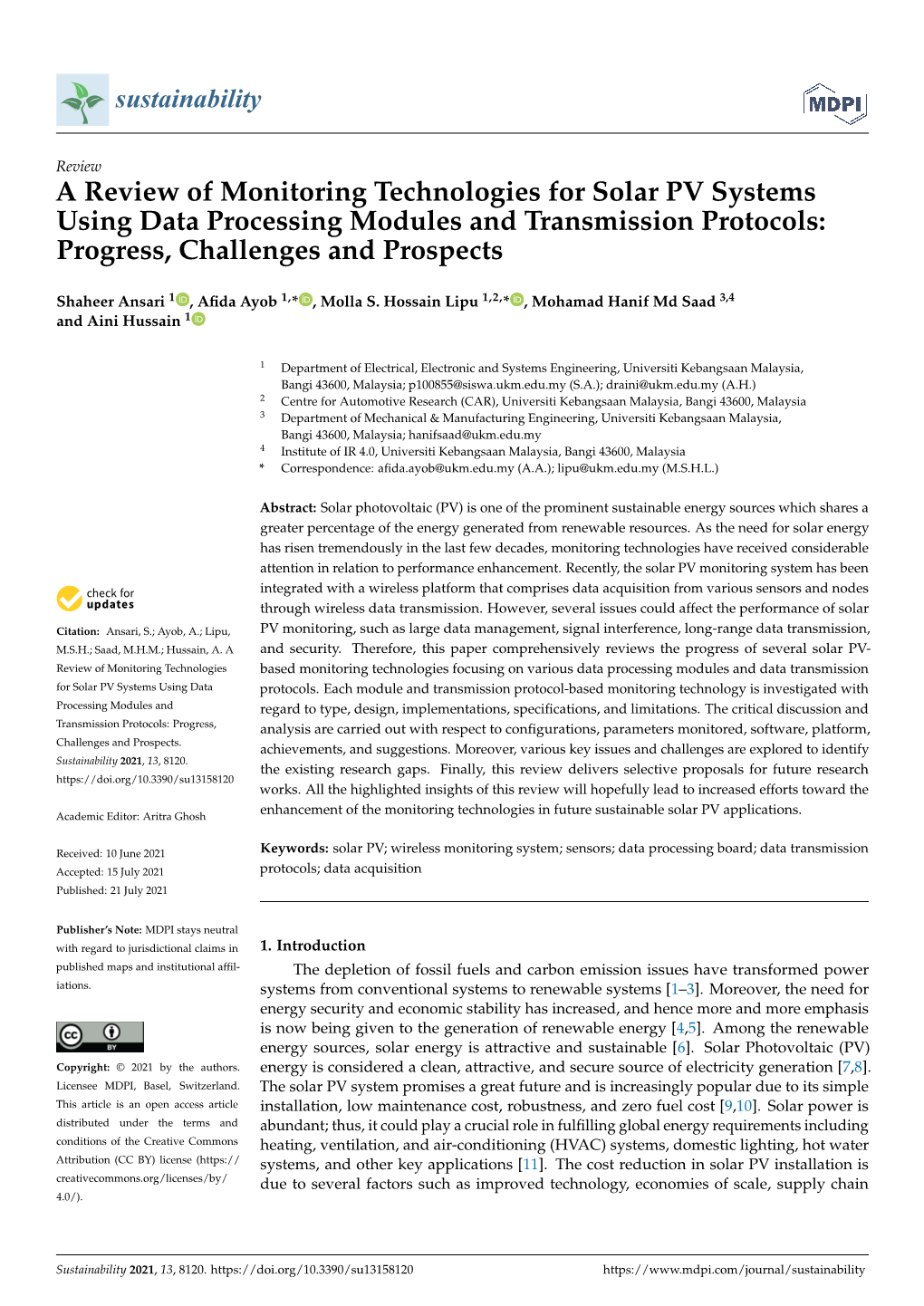 A Review of Monitoring Technologies for Solar PV Systems Using Data Processing Modules and Transmission Protocols: Progress, Challenges and Prospects