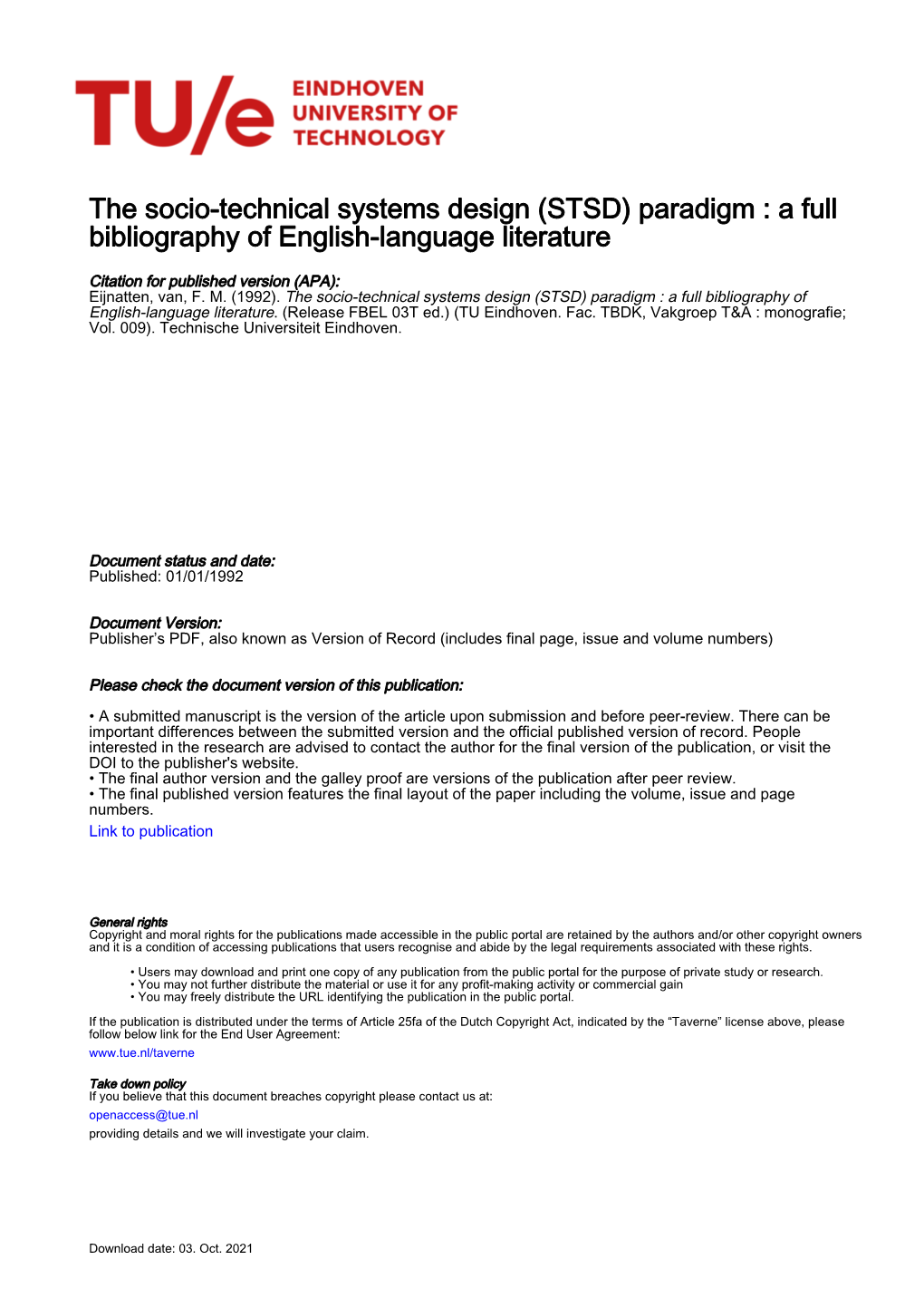 The Socio-Technical Systems Design (STSD) Paradigm : a Full Bibliography of English-Language Literature