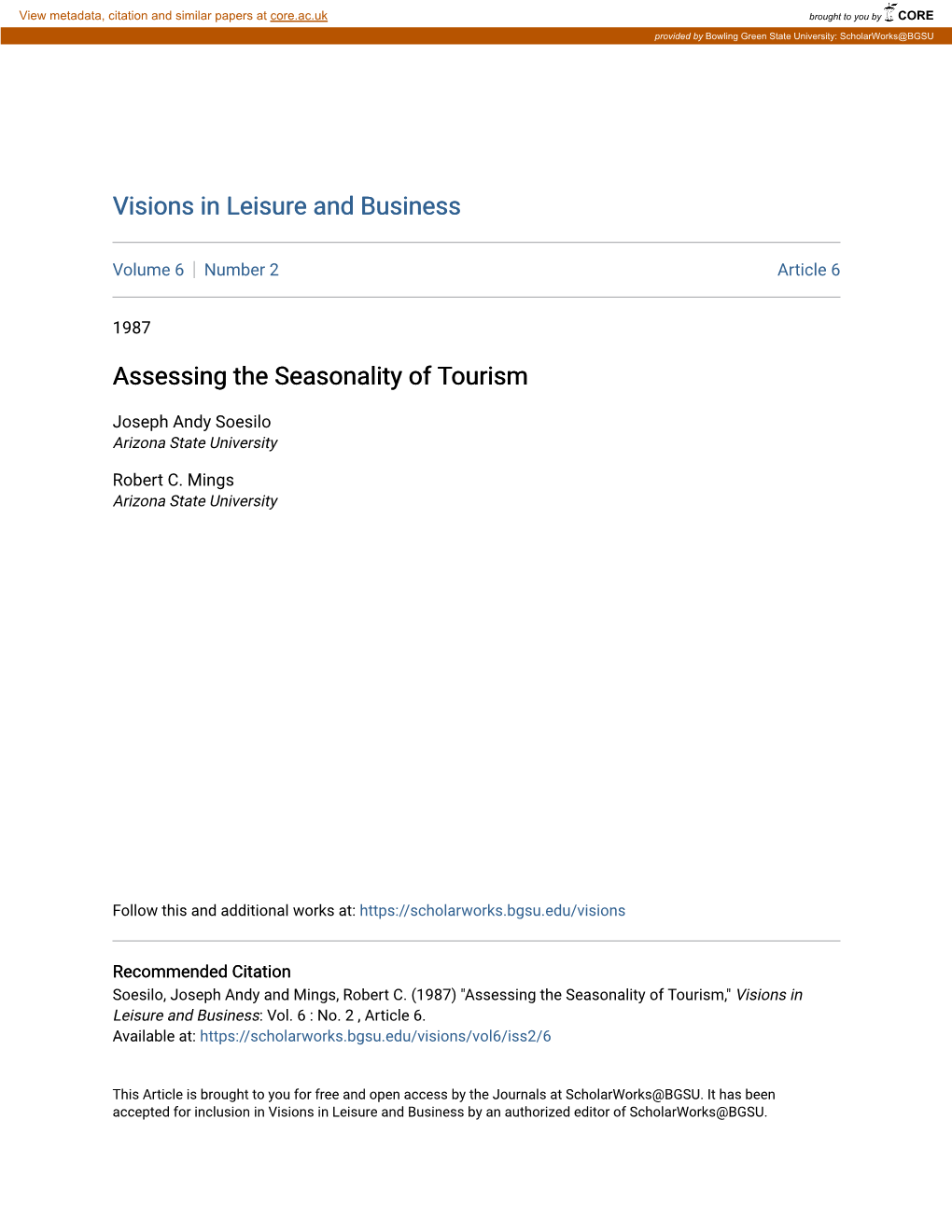 Assessing the Seasonality of Tourism