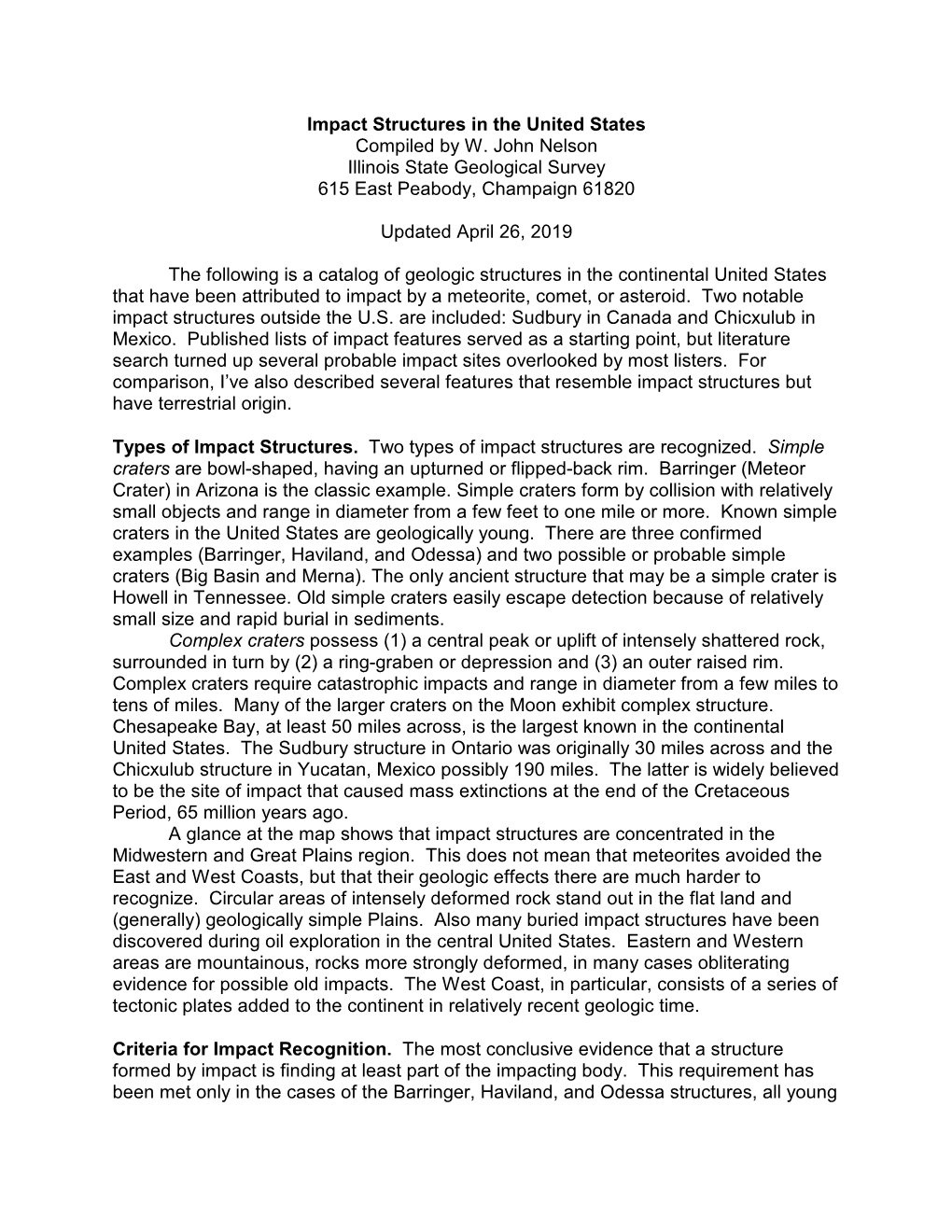Impact Structures in the United States Compiled by W. John Nelson Illinois State Geological Survey 615 East Peabody, Champaign 61820
