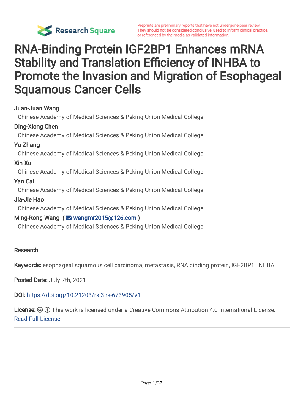 RNA-Binding Protein IGF2BP1 Enhances Mrna Stability and Translation Efciency of INHBA to Promote the Invasion and Migration of Esophageal Squamous Cancer Cells