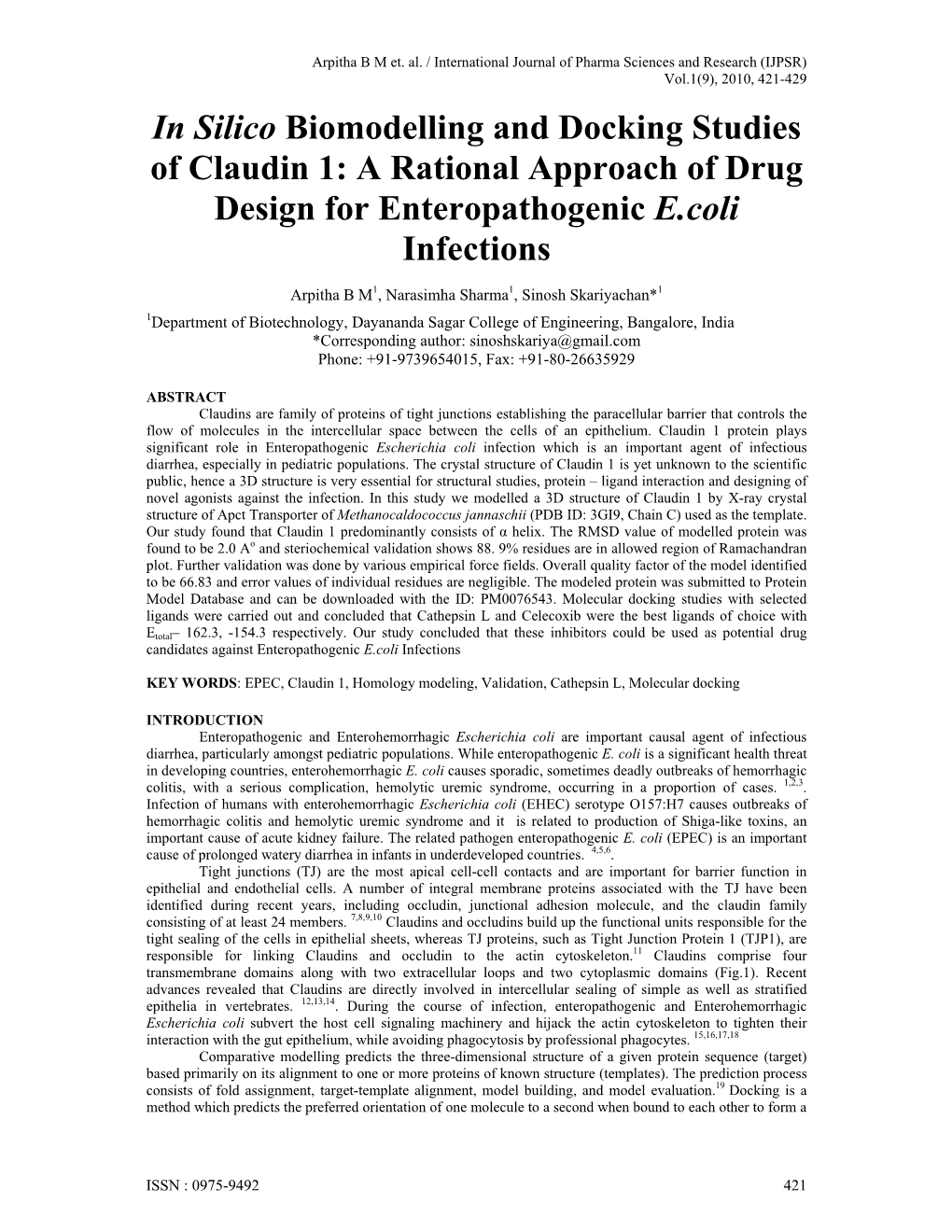 In Silico Biomodelling and Docking Studies of Claudin 1: a Rational Approach of Drug Design for Enteropathogenic E.Coli Infections