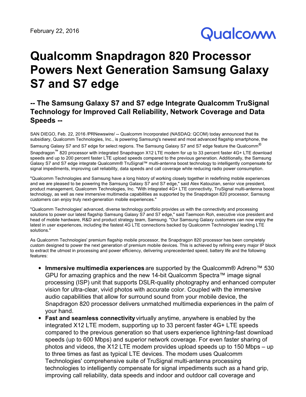 Qualcomm Snapdragon 820 Processor Powers Next Generation Samsung Galaxy S7 and S7 Edge