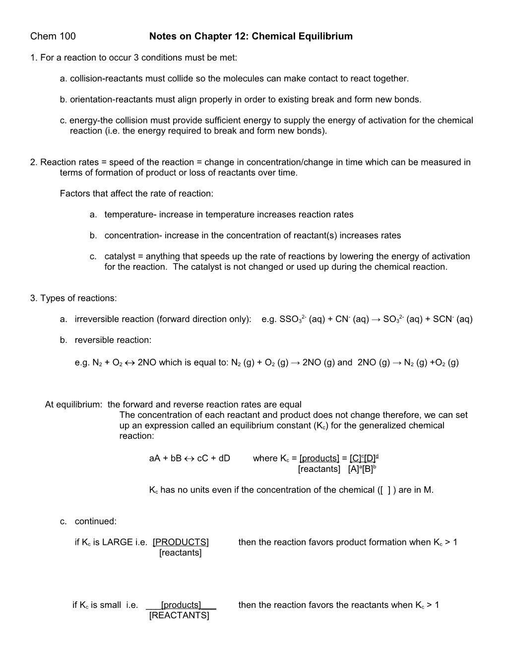 Notes on Chapter 12 Chemical Equilibrium