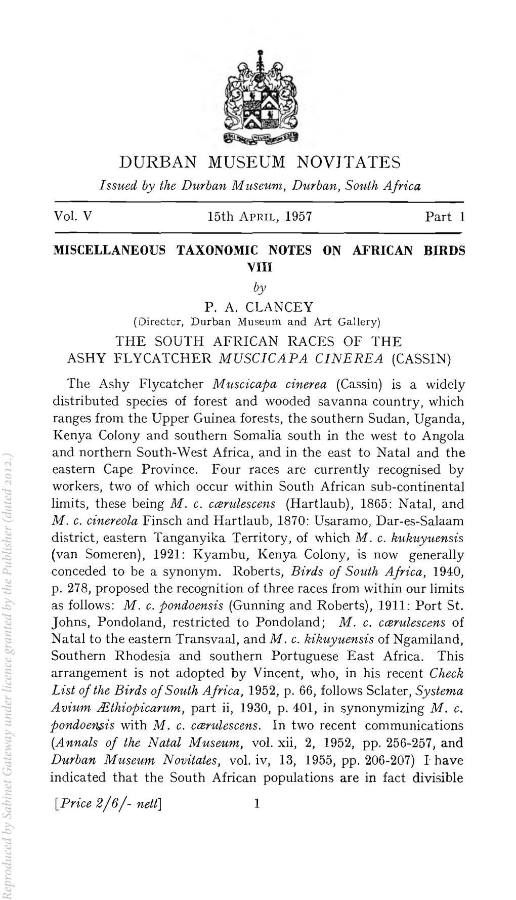 The South African Races of the Ashy Flycatcher Muscicapa Cinerea.Pdf