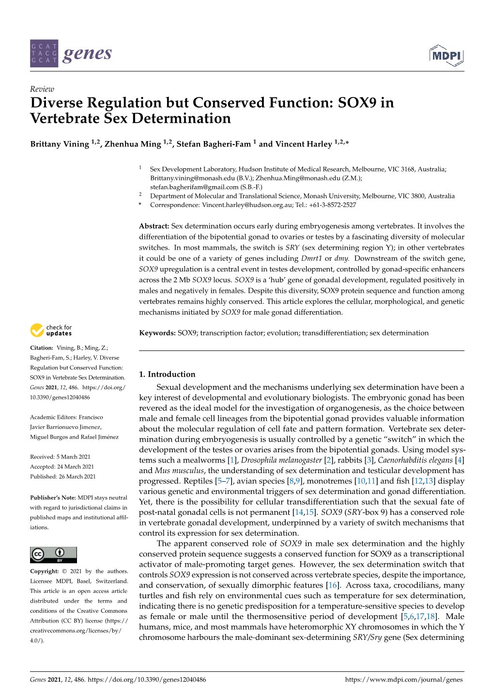 Diverse Regulation but Conserved Function: SOX9 in Vertebrate Sex Determination