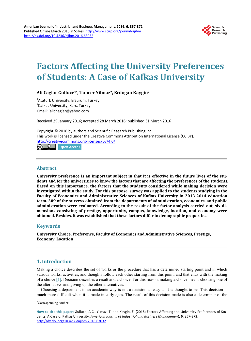 Factors Affecting the University Preferences of Students: a Case of Kafkas University