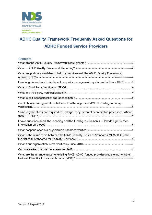 ADHC Quality Frameworkfrequently Asked Questionsfor ADHC Funded Service Providers