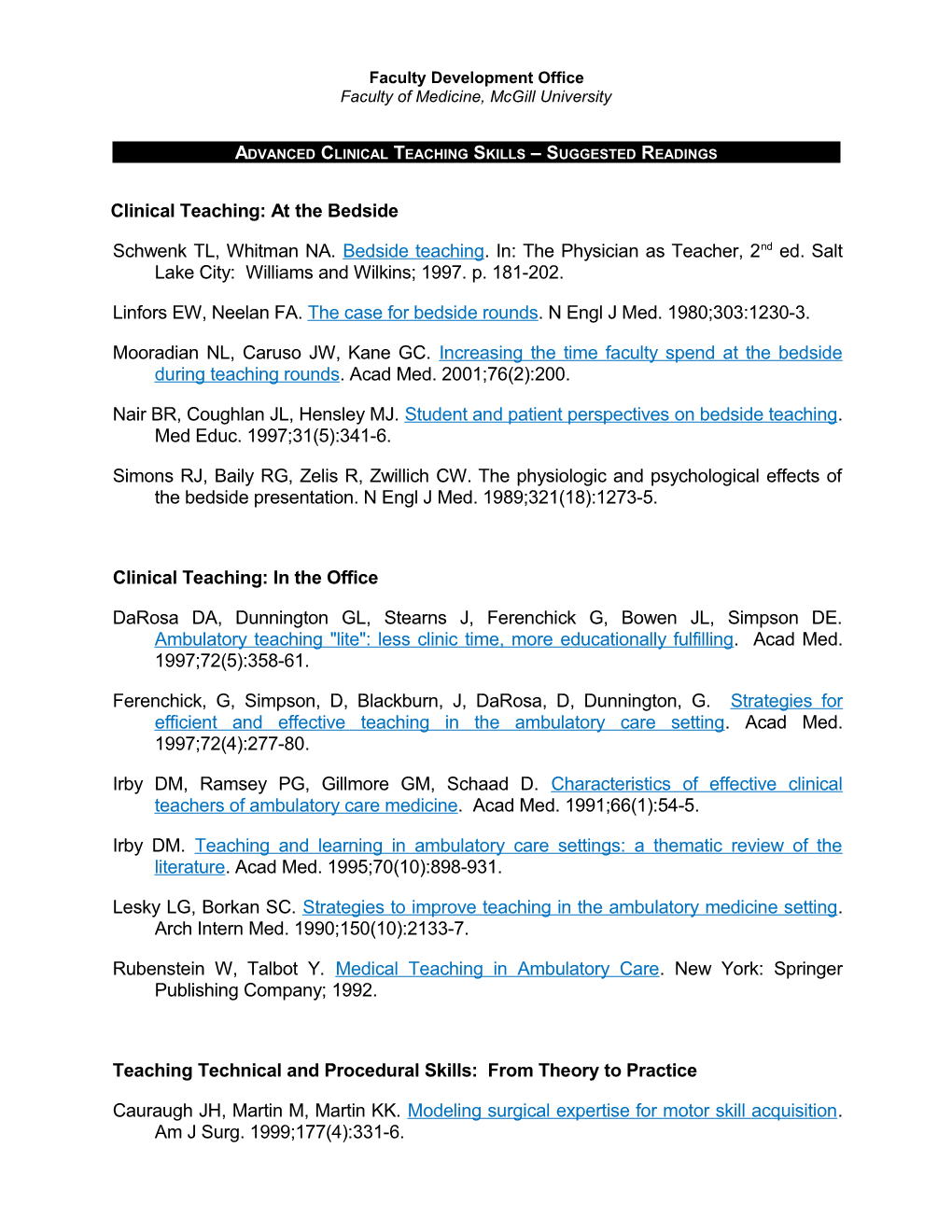 Advanced Clinical Teaching Skills Suggested Readings