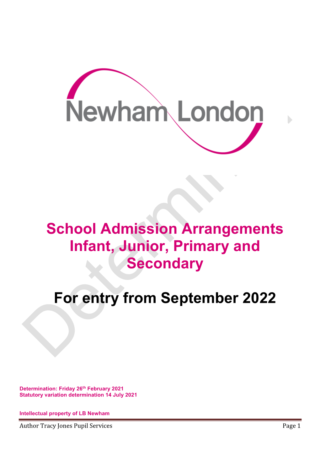 Determined Admission Arrangements for Entry in September 2022