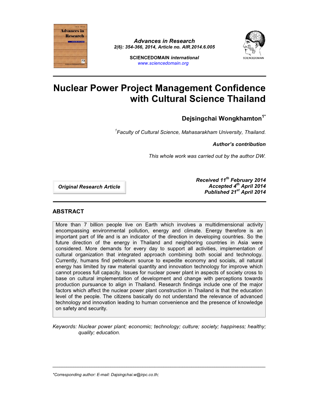Nuclear Power Project Management Confidence with Cultural Science Thailand