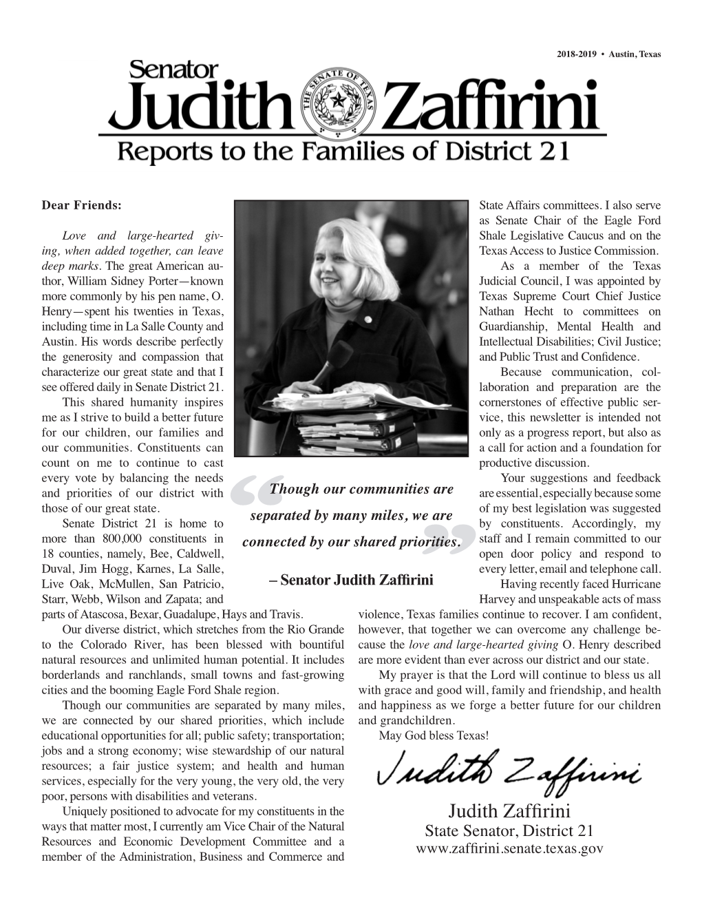 Senator Judith Zaffirini Reports to the Families of District 21