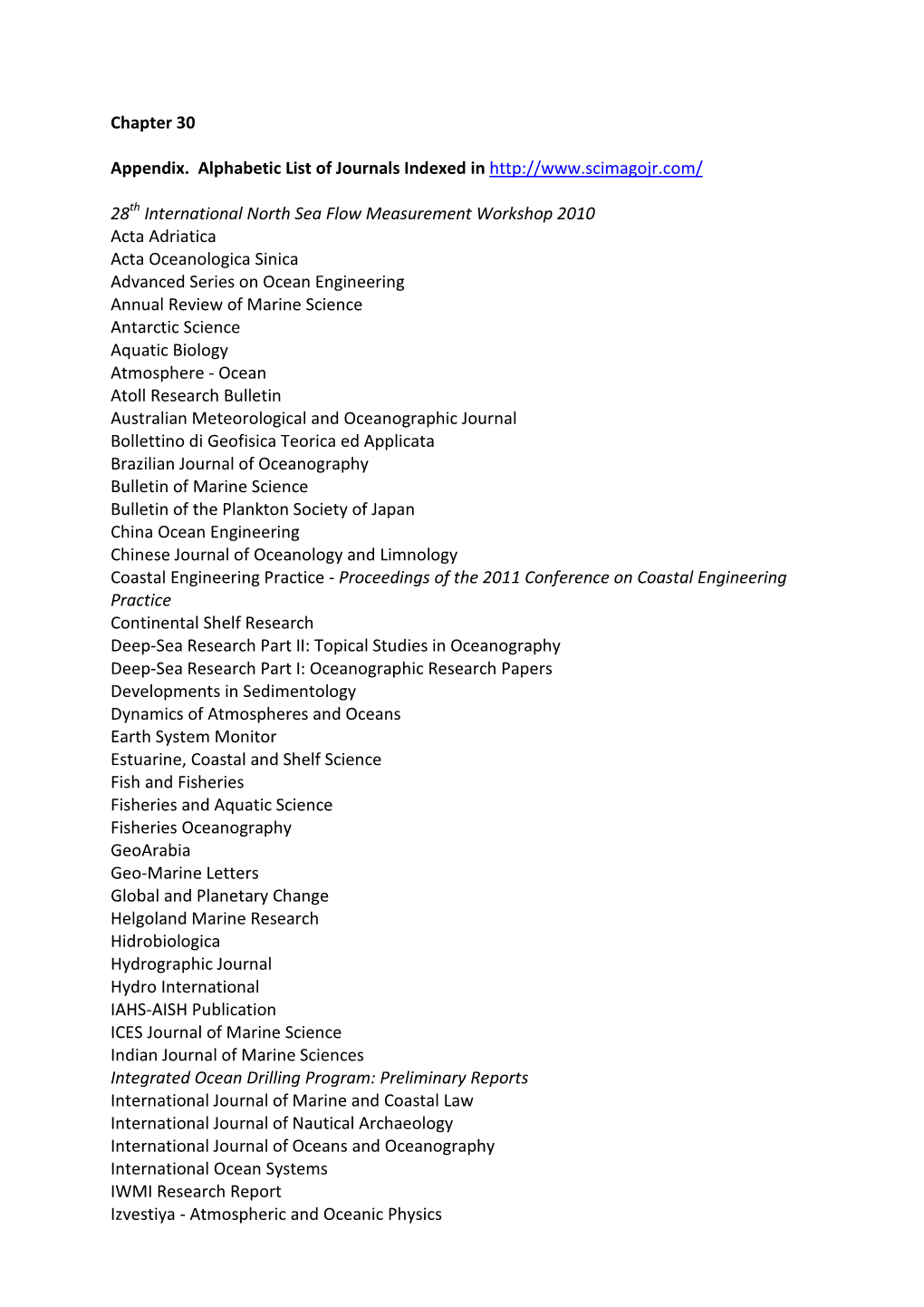 Chapter 30 Appendix. Alphabetic List of Journals Indexed in 28Th International North Sea Flow Measure