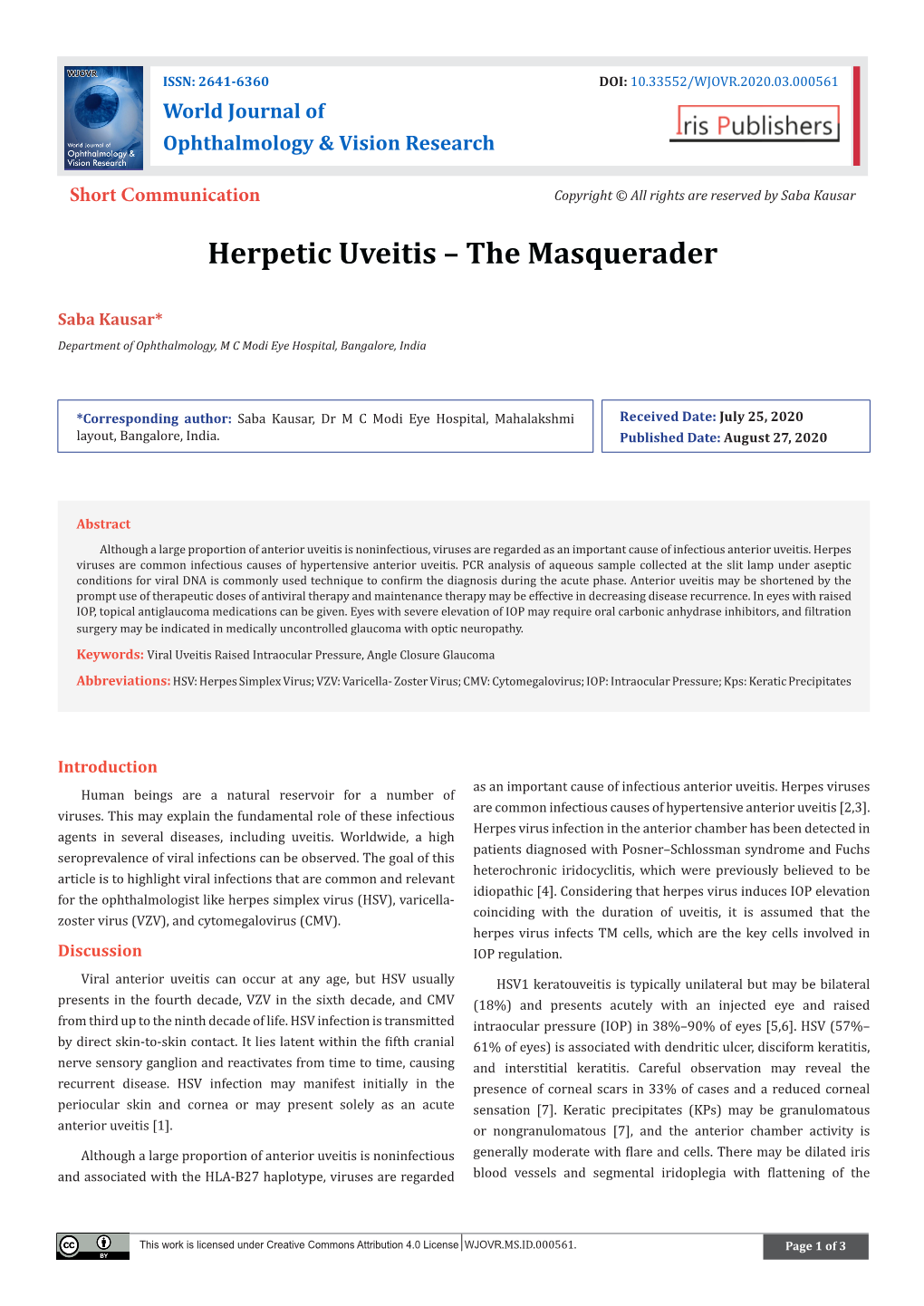 Herpetic Uveitis – the Masquerader