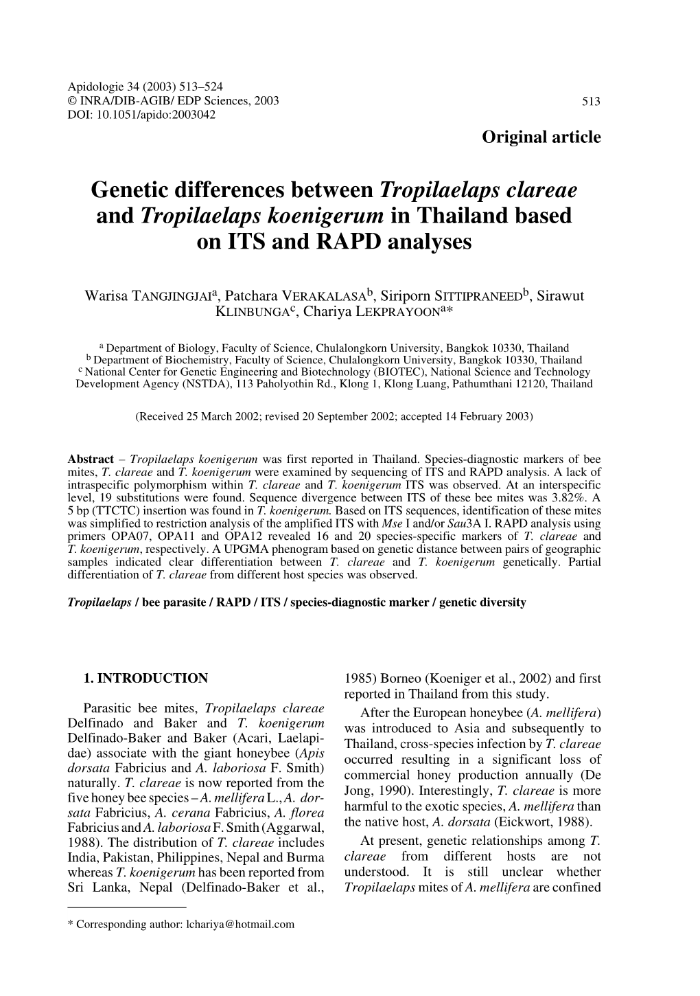 Genetic Differences Between Tropilaelaps Clareae and Tropilaelaps Koenigerum in Thailand Based on ITS and RAPD Analyses