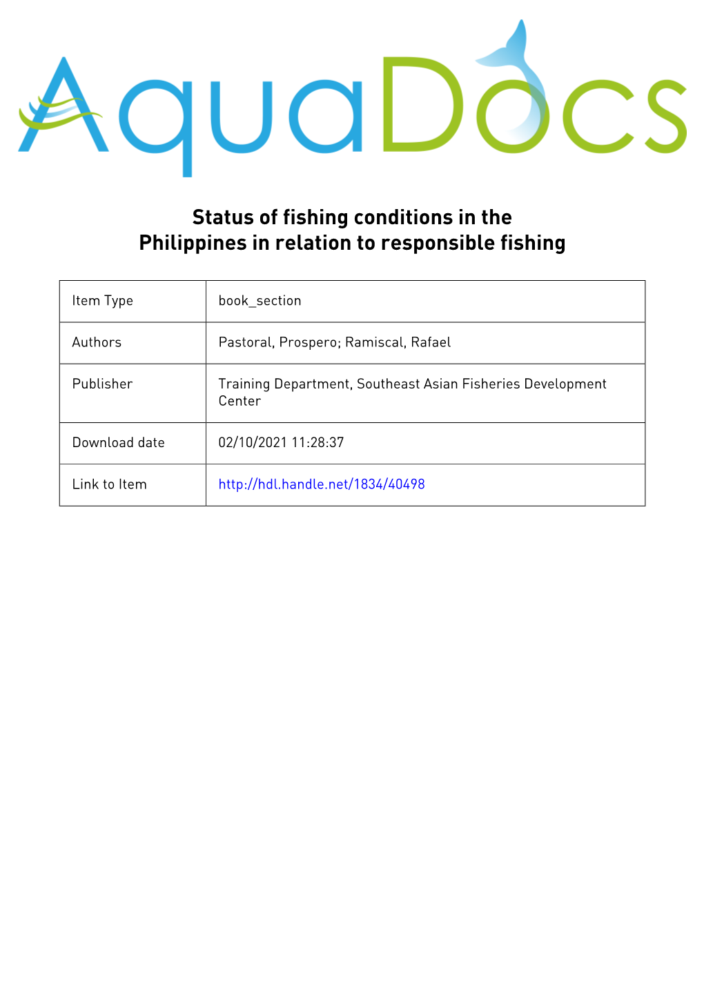 Status of Fishing Conditions in the Philippines in Relation to Responsible Fishing