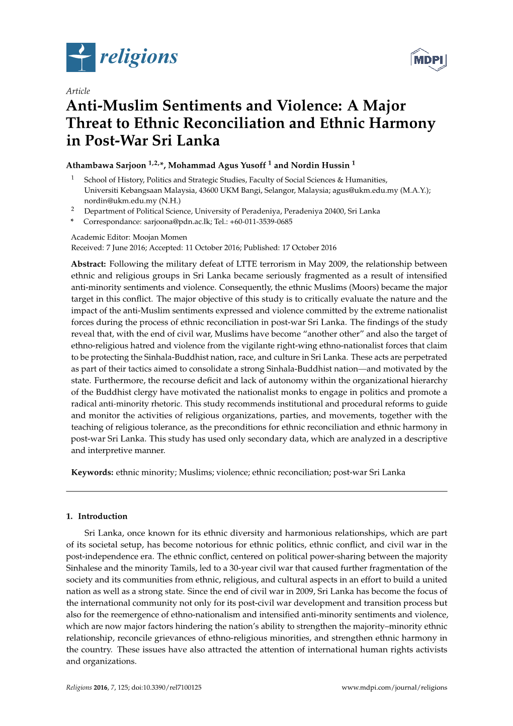 Anti-Muslim Sentiments and Violence: a Major Threat to Ethnic Reconciliation and Ethnic Harmony in Post-War Sri Lanka