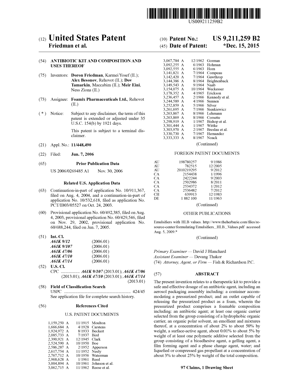 (12) United States Patent (10) Patent No.: US 9.211,259 B2 Friedman Et Al