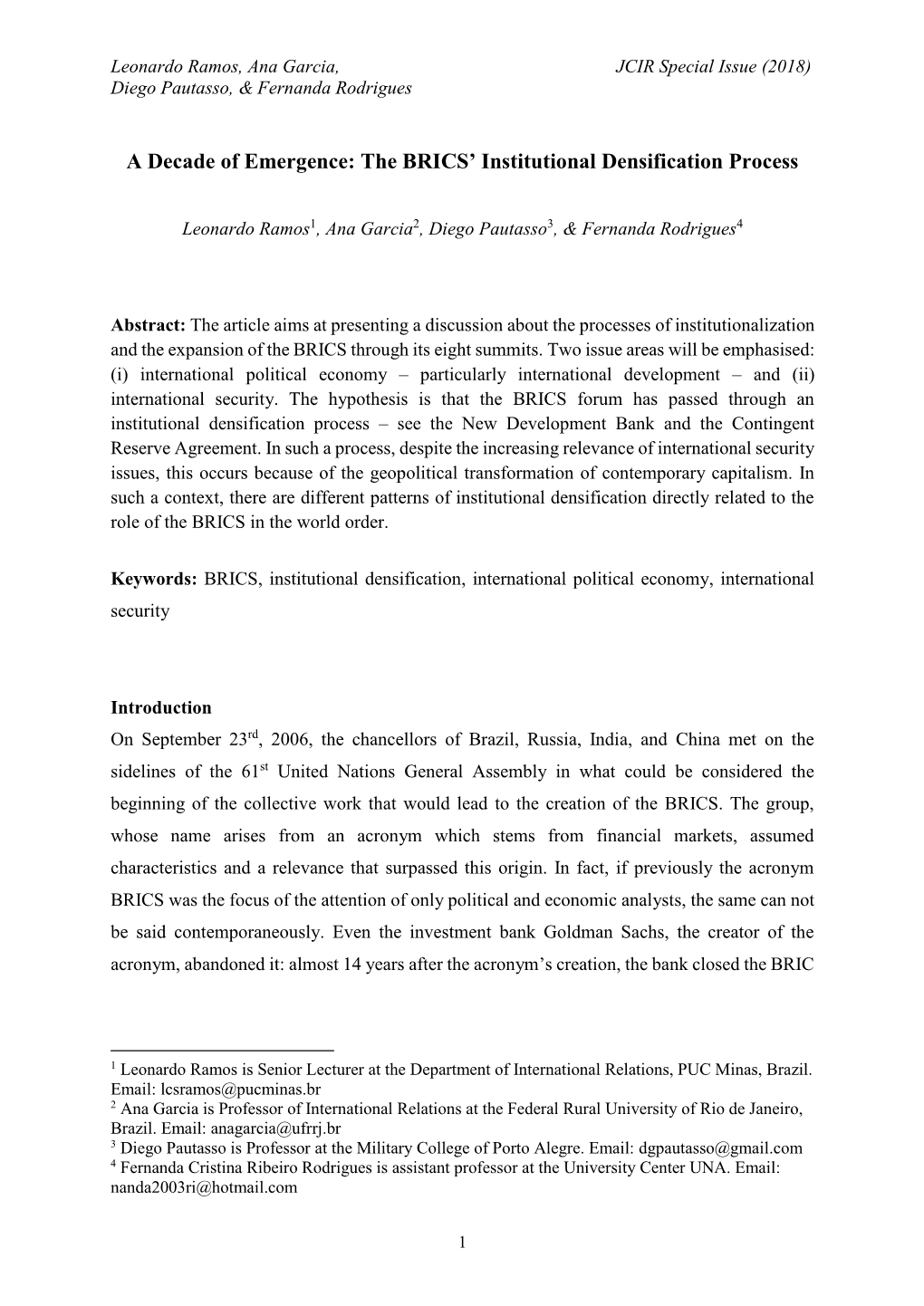 The BRICS' Institutional Densification Process