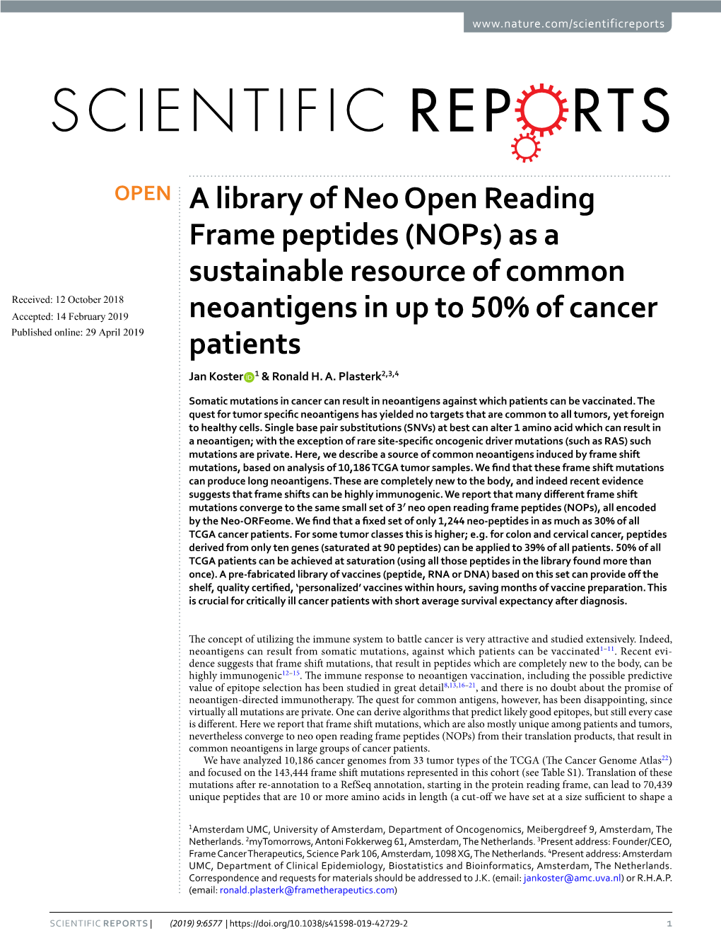 A Library of Neo Open Reading Frame Peptides