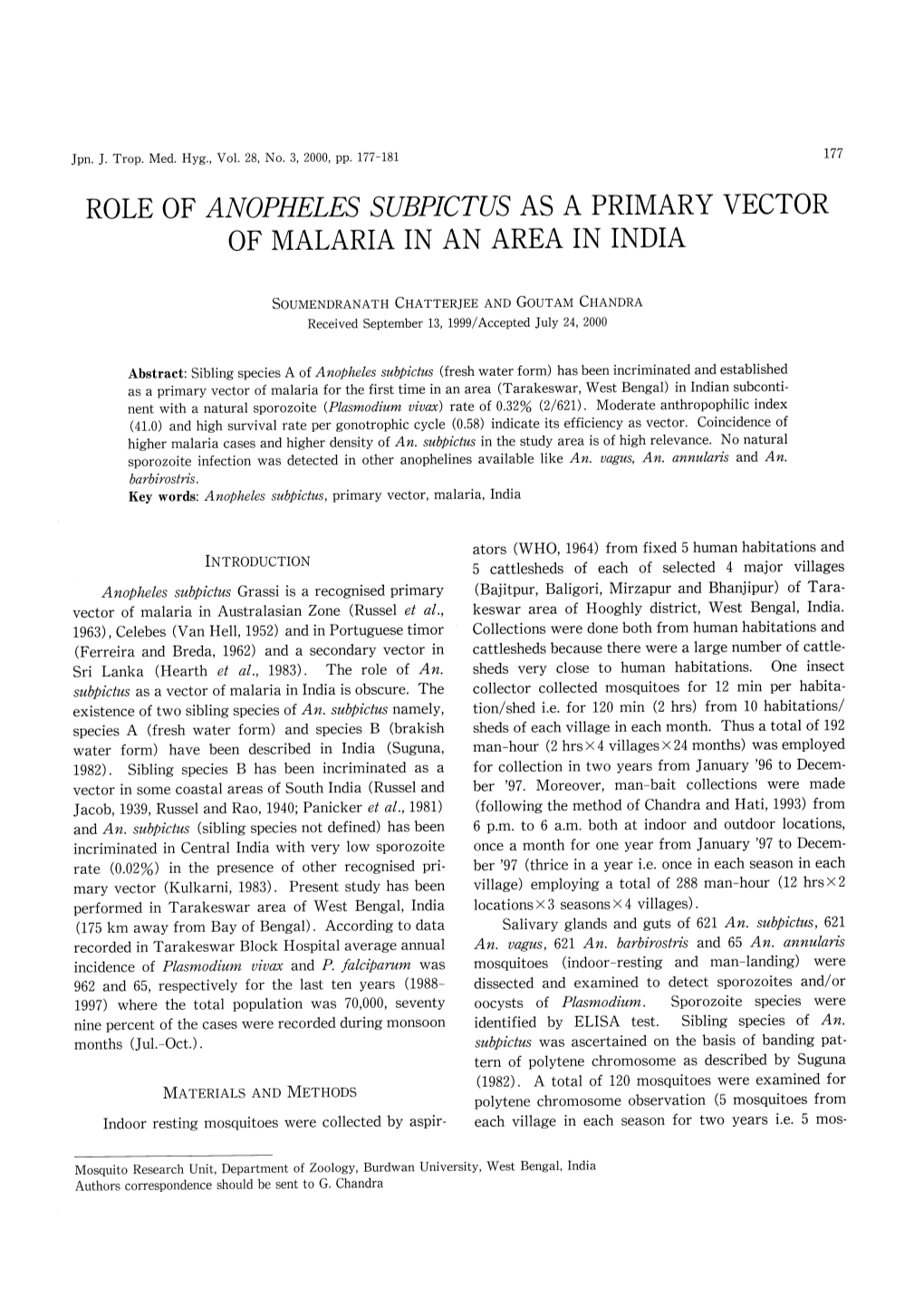 Role of Anopheles Subpictus As a Primary Vector of Malaria in an Area in India