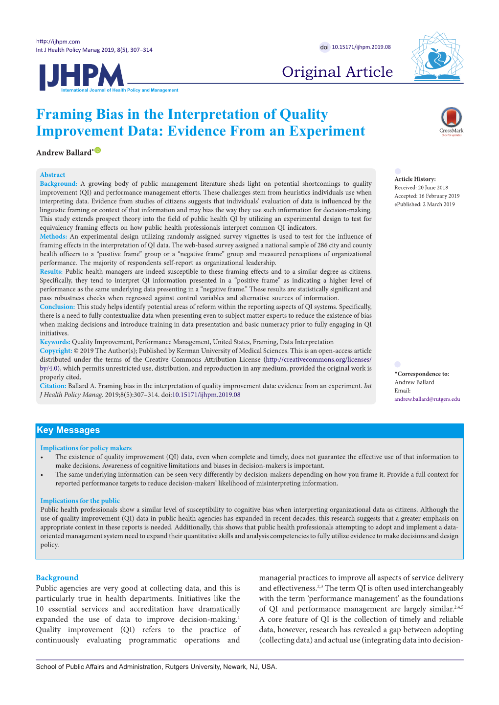 Framing Bias in the Interpretation of Quality Improvement Data: Evidence from an Experiment