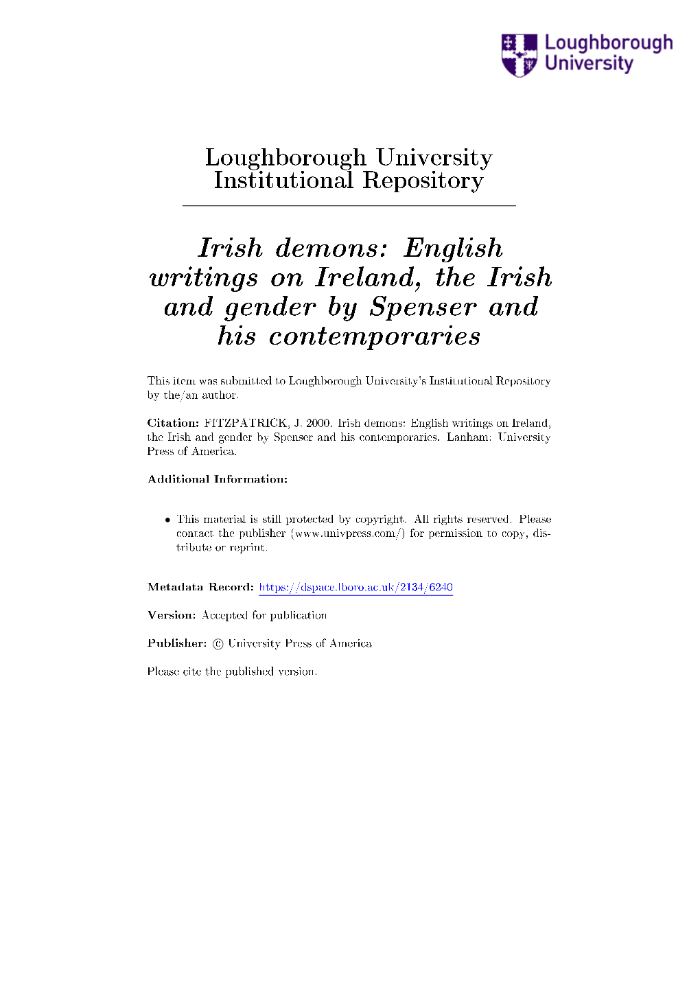 Irish Demons: English Writings on Ireland, the Irish and Gender by Spenser and His Contemporaries