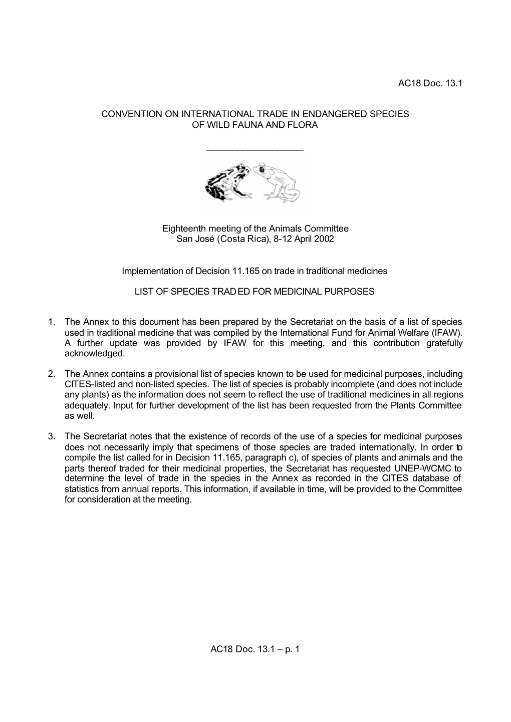 P. 1 AC18 Doc. 13.1 CONVENTION on INTERNATIONAL TRADE IN