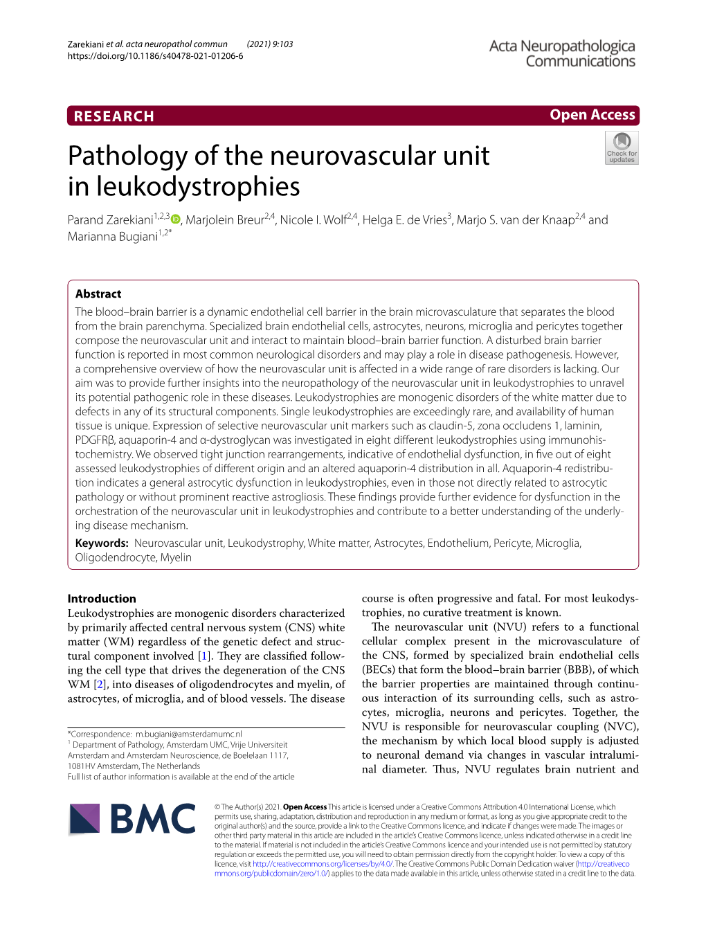 Pathology of the Neurovascular Unit in Leukodystrophies Parand Zarekiani1,2,3 , Marjolein Breur2,4, Nicole I