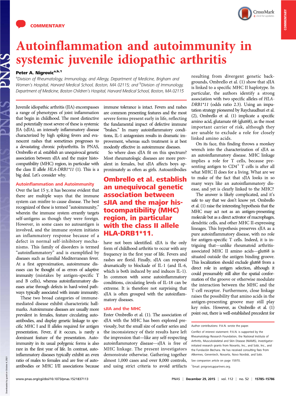 Autoinflammation and Autoimmunity in Systemic Juvenile Idiopathic Arthritis