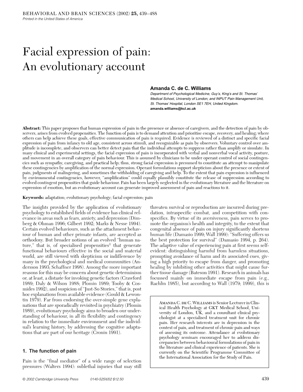 Facial Expression of Pain: an Evolutionary Account